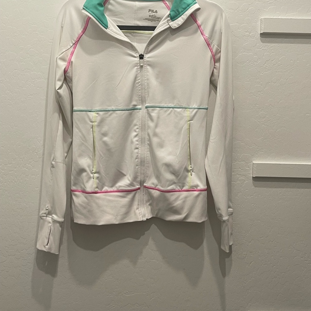 Fila White Athletic Zip Jacket with Mint Green Collar and Pink Trim